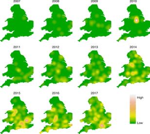 Kernel density maps showing the intensity of chronic bee paralysis in England and Wales between 2007 and 2017.